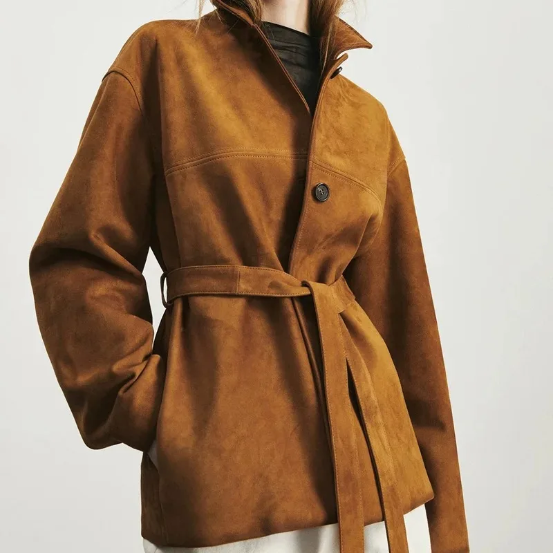 Veste rétro haut de gamme en daim pour femme, manteau Long à simple boutonnage, col carré Auburn, avec ceinture, vêtements d'extérieur pour femmes