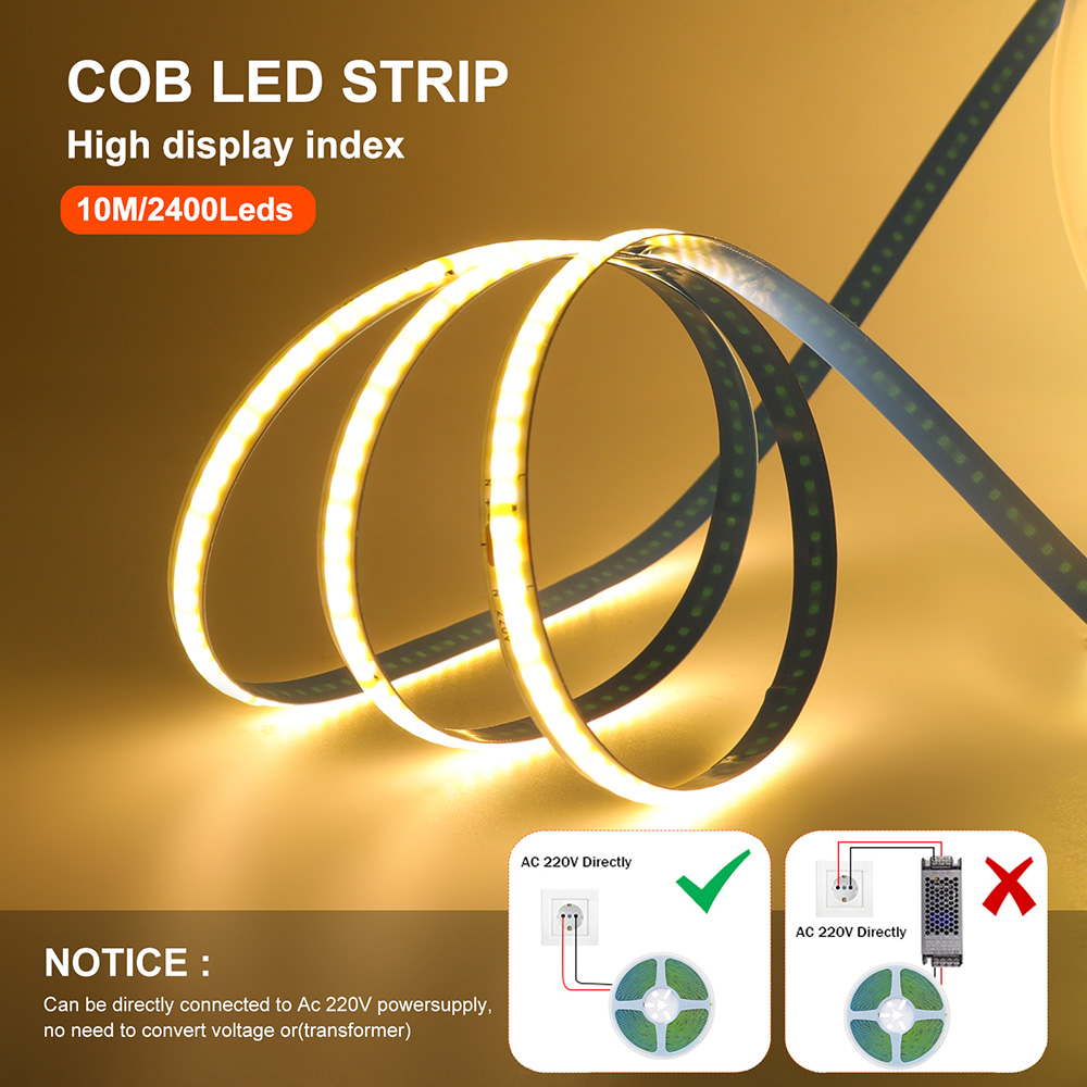 220V 5 メートル 10 メートル 15 メートル 20 メートル 50 メートル COB LED ストリップライト超高輝度 240LED/m フレックステープリニア照明 RA90 8 ミリメートル PCB ウォームナチュラルホワイト