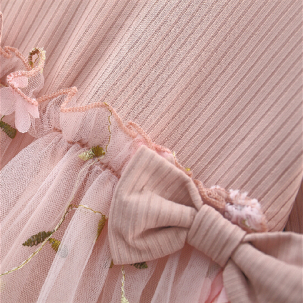 Neues süßes langärmliges Mädchen kleid Frühling und Herbst Baby einfarbiges Oberteil, das zwei Bogen blumen netz kleid spleißt