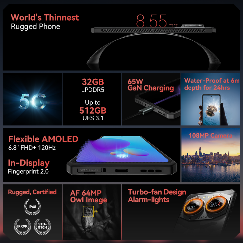 Iiif150-頑丈な電話,6.8インチFHD 120hz,16GB 512GB,108mpカメラ,超薄型,65w充電