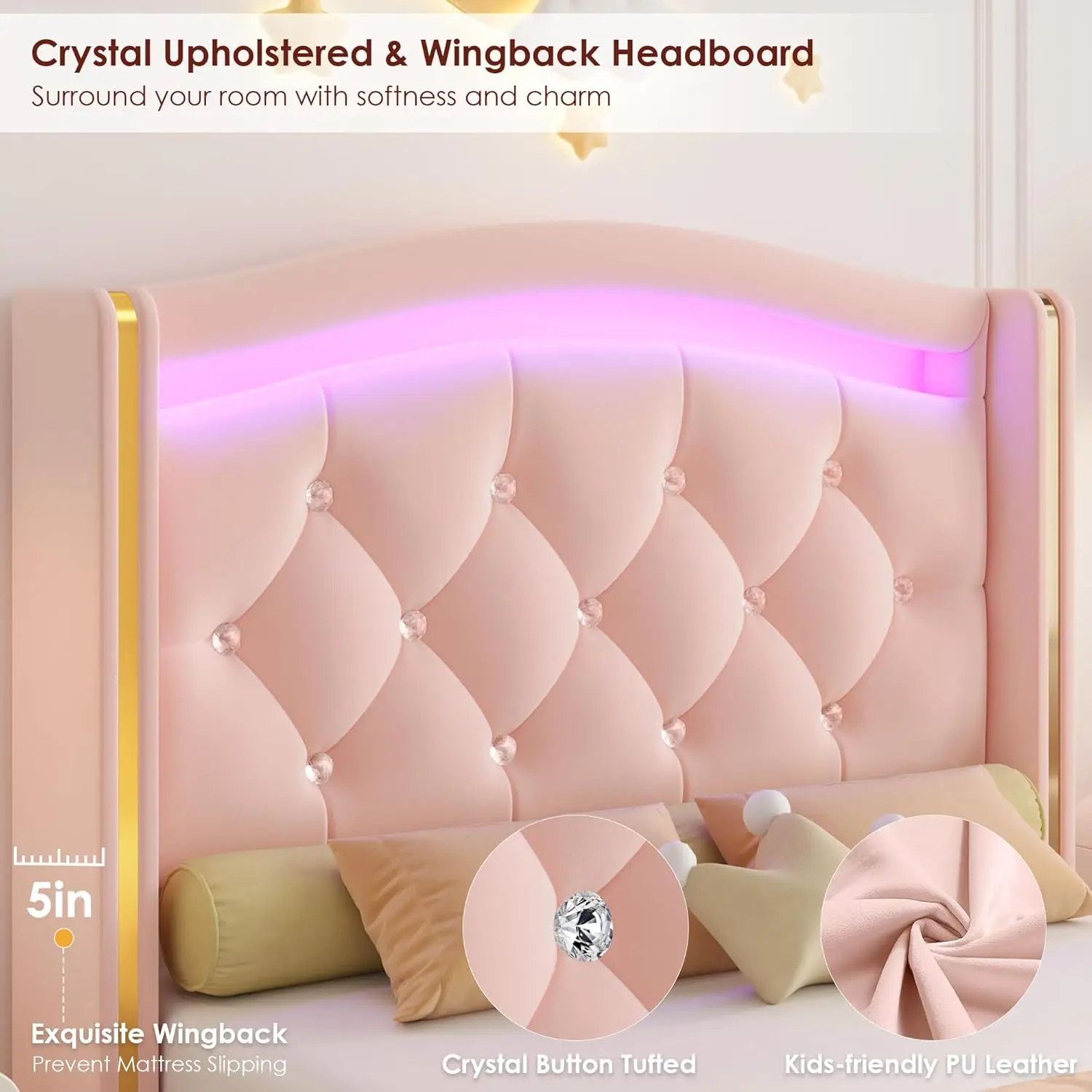 Upholstered Twin LED Bed Frame with Crystal Button-Tufted Headboard and 4 Storage Drawers, Velvet Princess Twin Size Platform Be