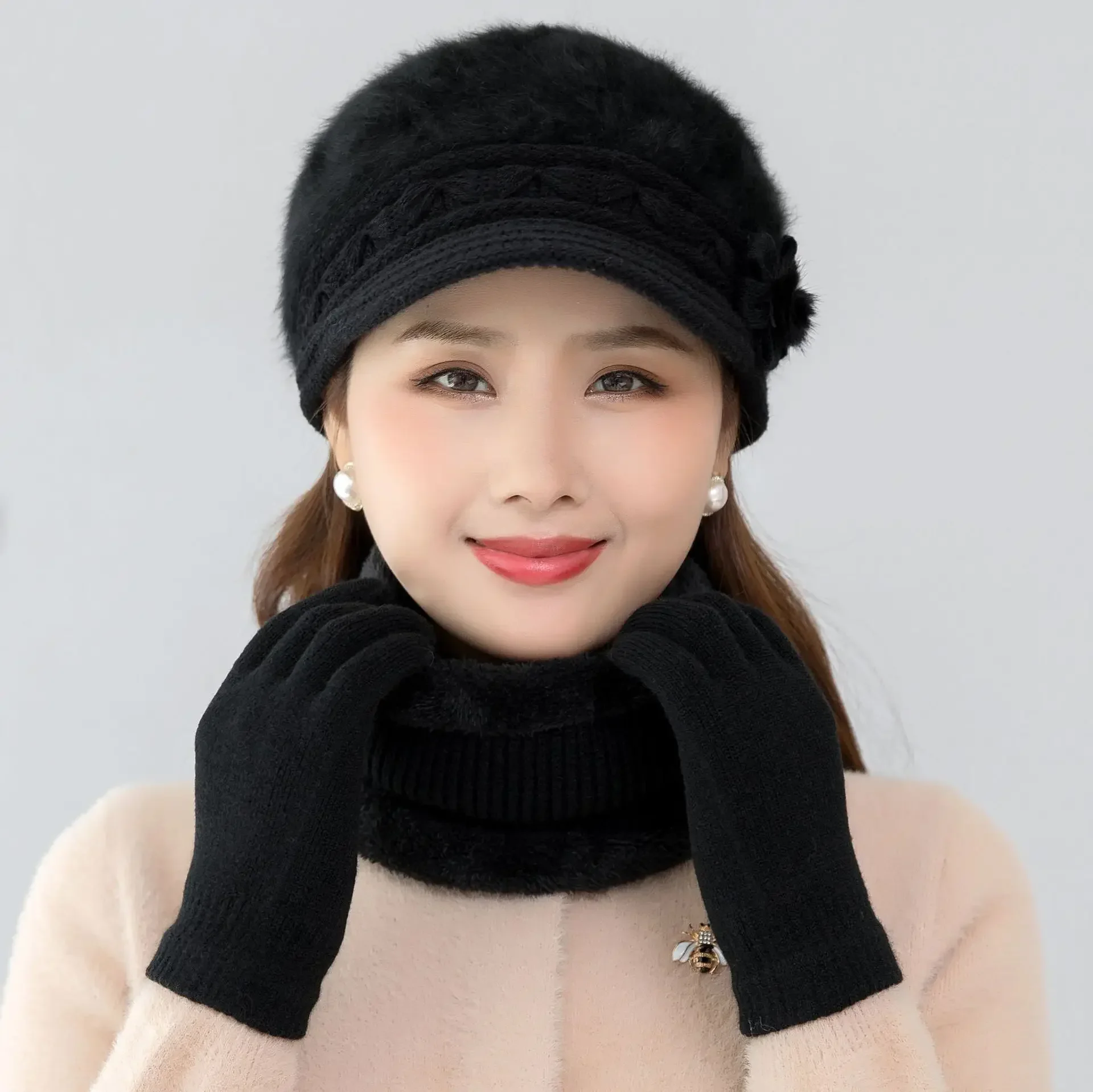 Gorro de invierno para mujer, gorro que mantiene el calor, conjunto de gorro y bufanda forrado de piel, gorros cálidos para mujer, gorro tejido informal de piel de conejo para invierno 2024