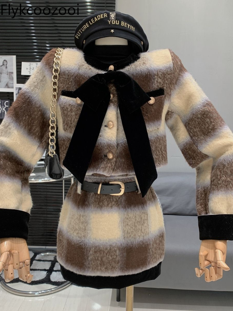 Karierter Bogen mantel hoher Gürtel tasche Hüftrock zweiteiliger Anzug conjunto femenino roupa elegante Kostüm deux Stücke femme
