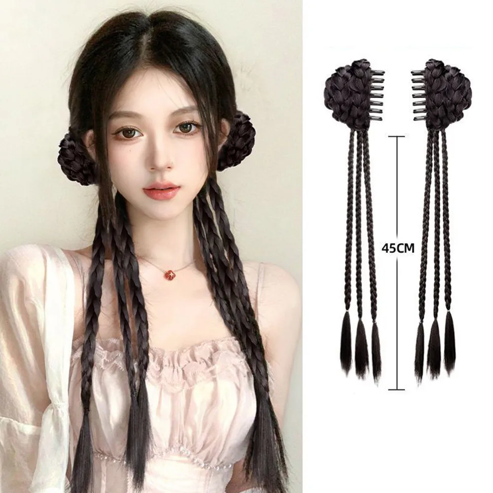 45cm estilo chinês flor bud sintético torcido tranças peruca clipe feminino doce legal rabo de cavalo extensão do cabelo