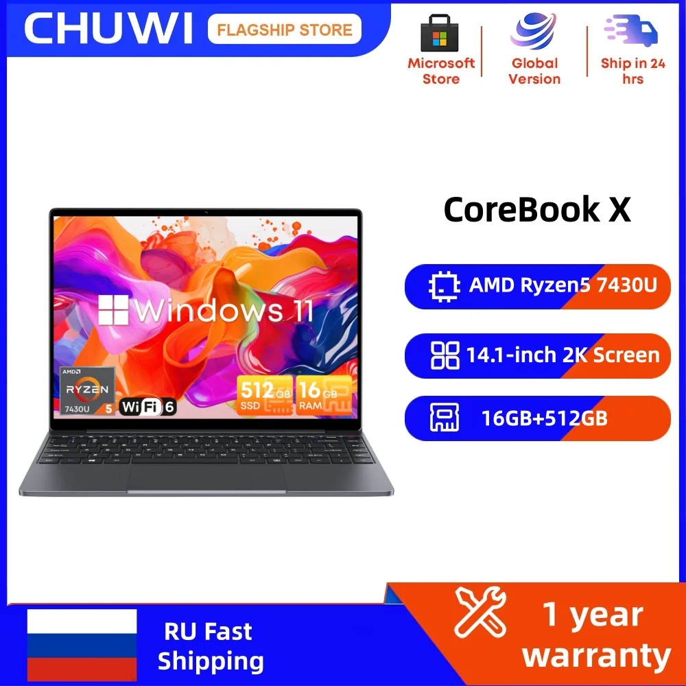 CHUWI CoreBook X Laptop AMD R5-7430U Gaming Laptop 16GB DDR4 RAM 512GB SSD 14.1'' 2K Screen Windows 11 Wifi6 NoteBook
