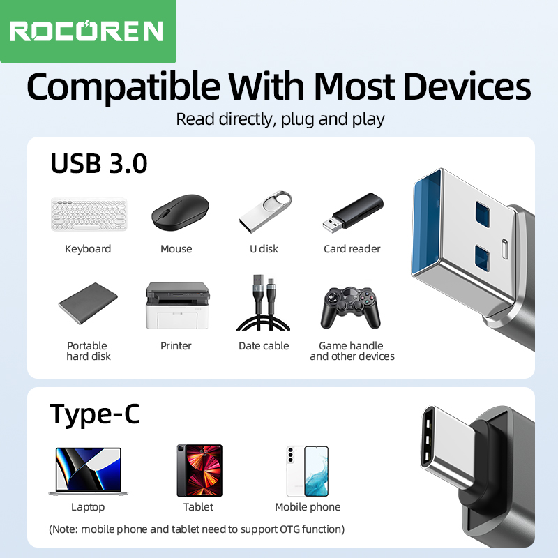 Rocoren OTG Adapter USB Type C Male To USB A 3.0 Female Converter For MacBook Samsung S22 S21 Android TypeC USBC OTG Connector
