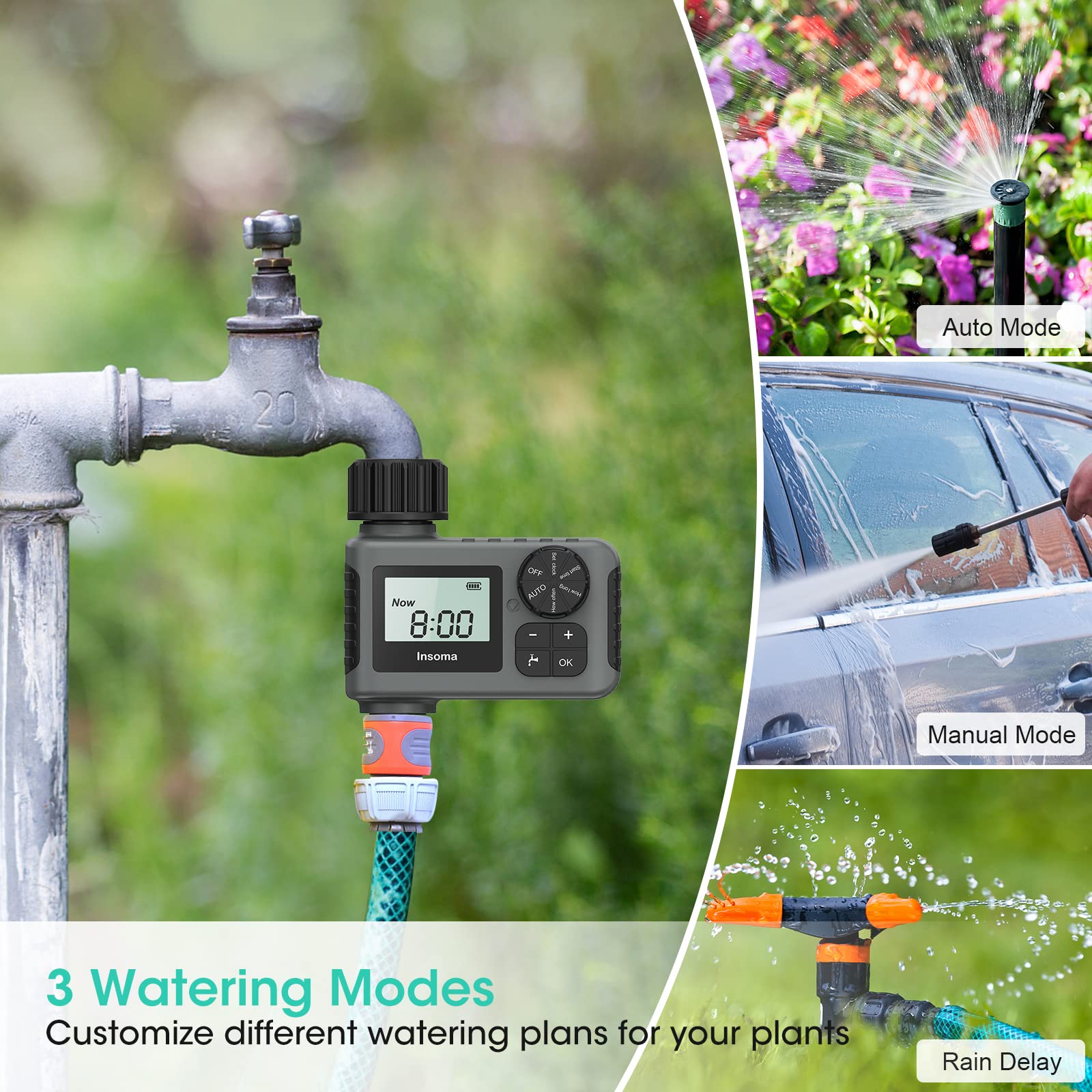 Insoma Automatische watertimer Intelligent irrigatiebewateringssysteem Sprinklertimer Tuinprogrammeur Apparatuur IPX7 LCD-scherm