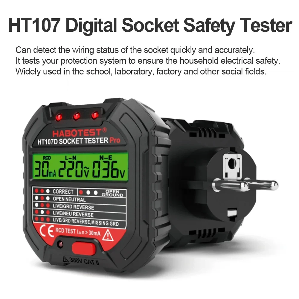 HT106/HT107 Digital Outlet SOCKET Detector ซ็อกเก็ตทดสอบแรงดันไฟฟ้าเครื่องทดสอบ US/UK/EU Plug GROUND ZERO Line Phase Check RCD NCV เครื่องทดสอบ