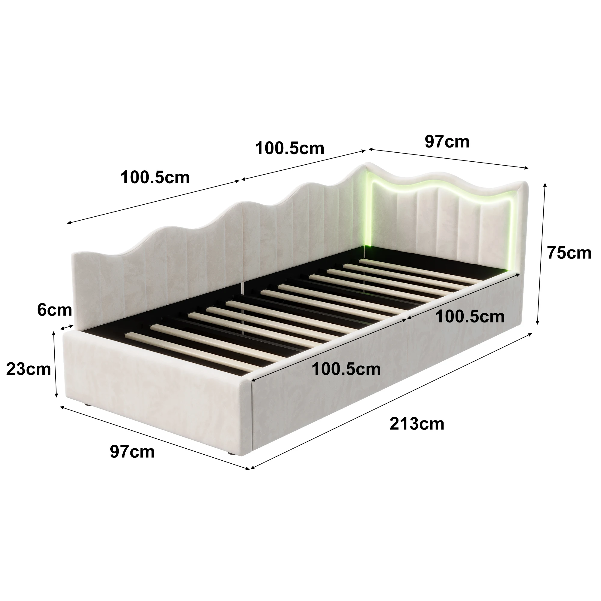 Comanlai Sofa z funkcją spania 90x200cm i łóżko dziecięce z oświetleniem LED, hydrauliczna rama łóżka z pojemnikiem, tkanina welurowa, kolor złamany biały