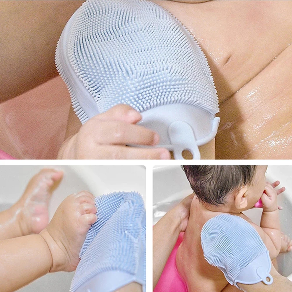 แปรงนวดซิลิโคนพร้อมตะขอถุงมือที่ขัดผิวอาบน้ำนุ่ม1ชิ้นถุงมืออาบน้ำเด็กฟองน้ำขัดตัวอาบน้ำ