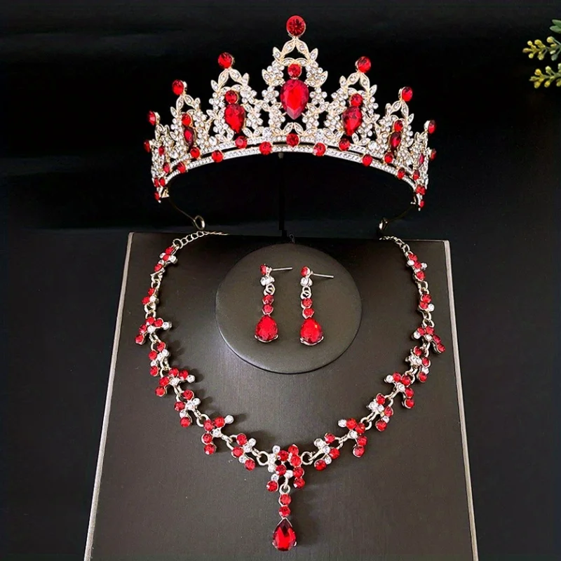 Juego de Tiaras y coronas nupciales de cristal para mujer, conjunto de joyas de collar, diamantes de imitación, accesorios para el cabello de boda, corona, 3 piezas por juego