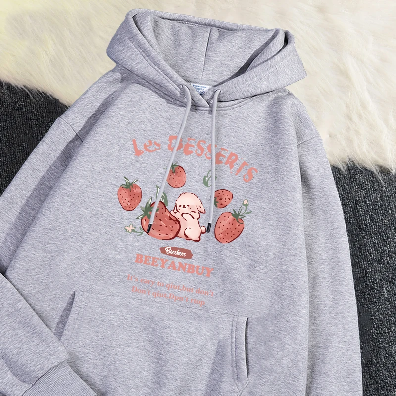 Sudadera con capucha de moda para mujer, sudadera con estampado de fresa y conejo, jersey transpirable suave y cálido con bolsillo, Sudadera con capucha para Otoño e Invierno