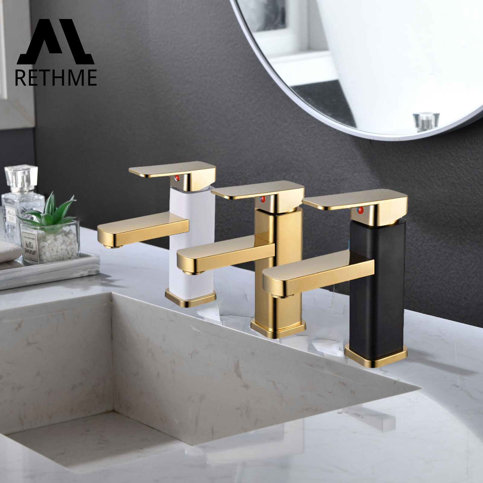 RETHME grifo dorado para baño, mango de metal de acero inoxidable, grifo mezclador frío y caliente, grifo cuadrado, hermoso baño