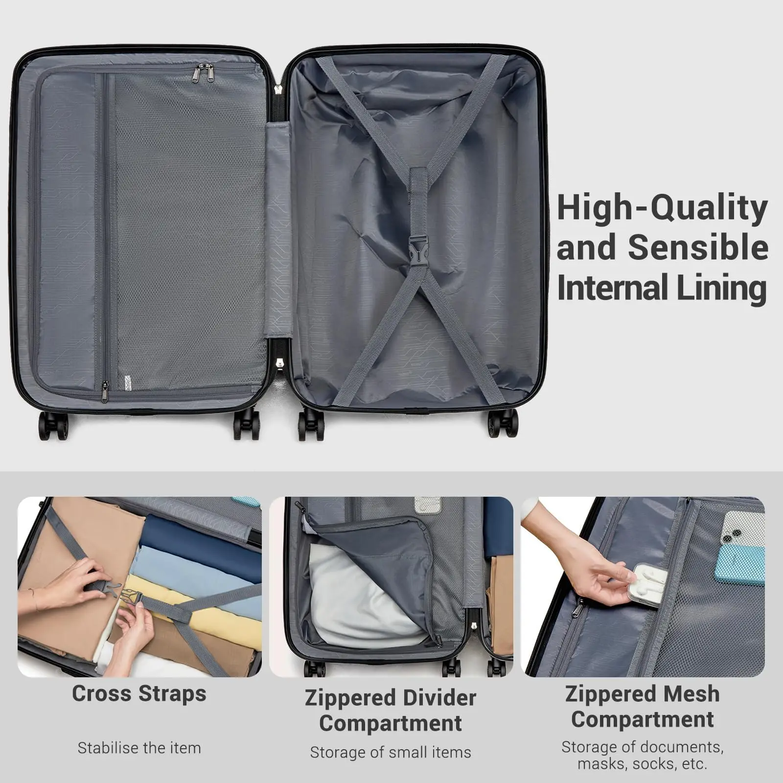 S/M/L Kono Handgepäck-Koffer Leichtes PC+ABS Hartschale mit TSA-Schloss, 4 multidirektionale Rollen - Kabinenkompatibler Trolley