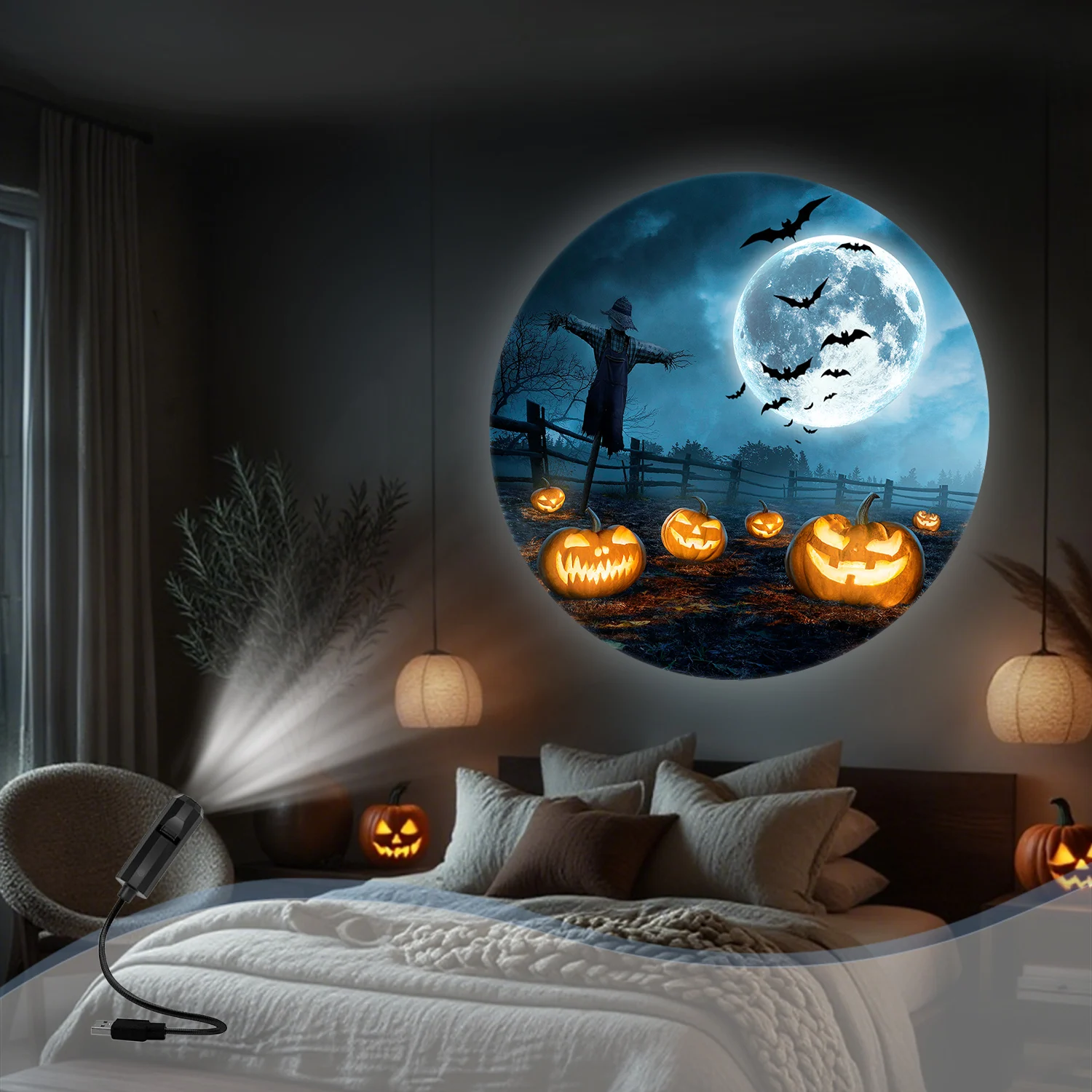 Vogelscheuche Mond Projektorlampe, LED-Nachtlicht, geeignet für Wand- und Deckendekoration, Halloween-Atmosphärenlicht