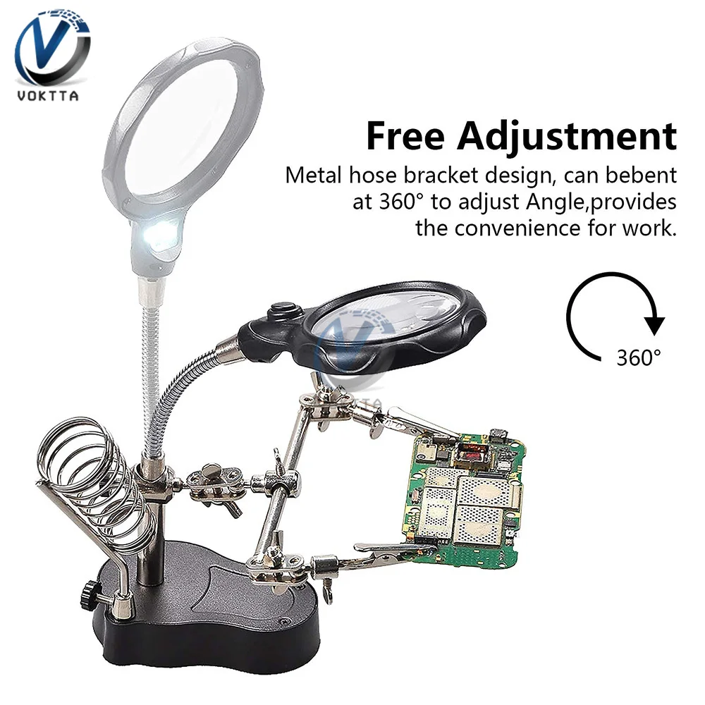 แบบพกพาสีเหล็กบัดกรี LED แว่นขยายขาตั้งเหล็กบัดกรี Rework Station เดสก์ท็อปแว่นขยายบัดกรีซ่อมเครื่องมือ