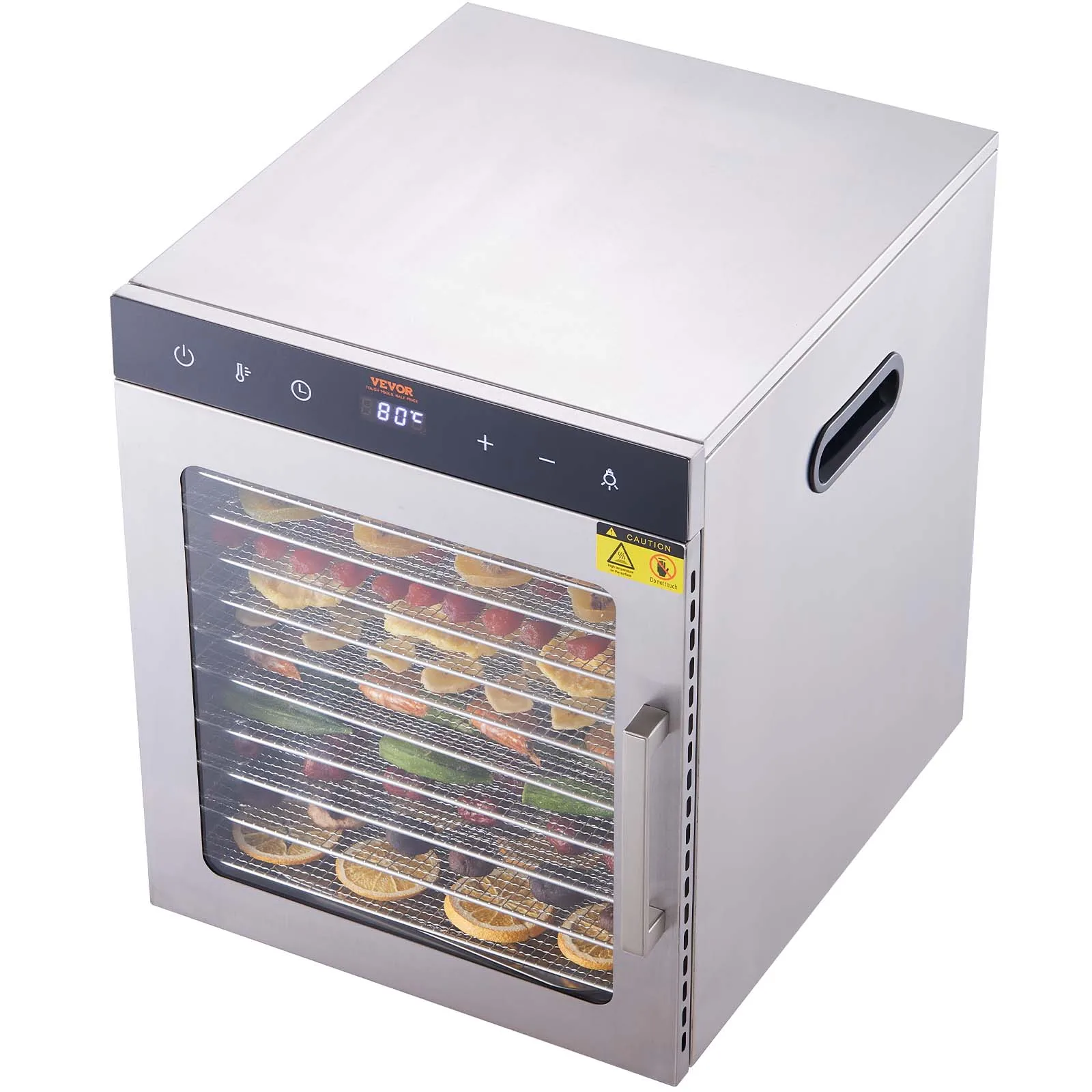 VEVOR 800 W Dörrautomat Edelstahl, 300 x 280 mm 10 Stk. Tabletts 360° Trocken, Dörrgerät, 30-90℃ Temperaturregelung, 0,5 bis 48-Stunden-Timer, Überhitzungsschutz, Rezeptheft für Fleisch Obst Gemüse