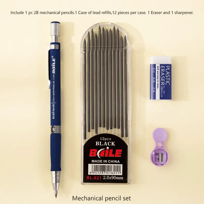 2,0mm Juego de lápices mecánicos 2B lápices automáticos Con recargas de plomo negro para escribir