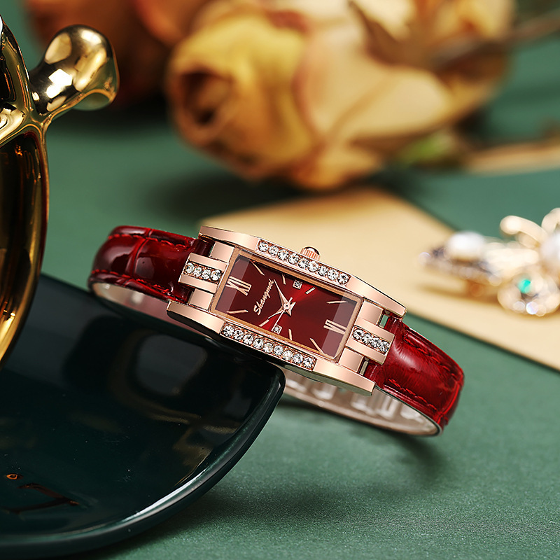 2 stks/set dameshorloges mode rechthoek lederen band quartz horloge (zonder doos)