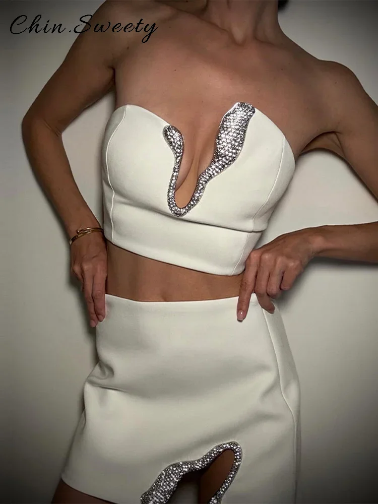 Sexy Asymmetrische Strass Kurzen Rock Set Frauen Solide Liebsten Ärmel Crop Tops Mini Röcke 2025, Sommer Dame Elegante Kleid