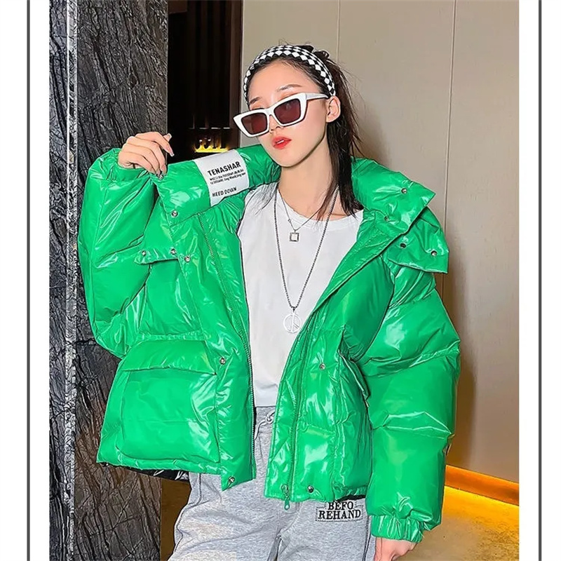 Jaqueta curta e lustrosa de pato feminino, casaco com capuz, parka quente, sobretudo, solto, grosso, streetwear, feminino, novo, 2022, 2024
