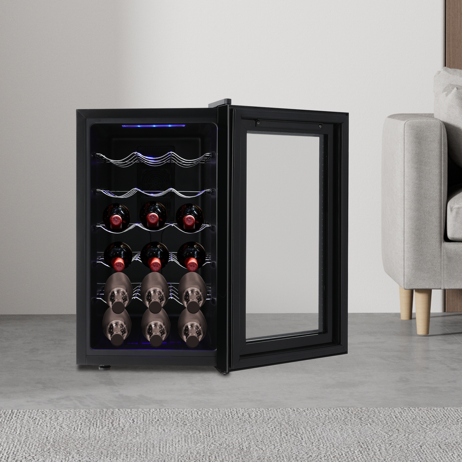 Bymaocar Weinkühlschrank, 18 Flaschen, elektronischer Rotweinschrank, Aufbewahrung, Rotwein, Champagner, Schwarz, 46 l, 220 V-240 V, 55 W