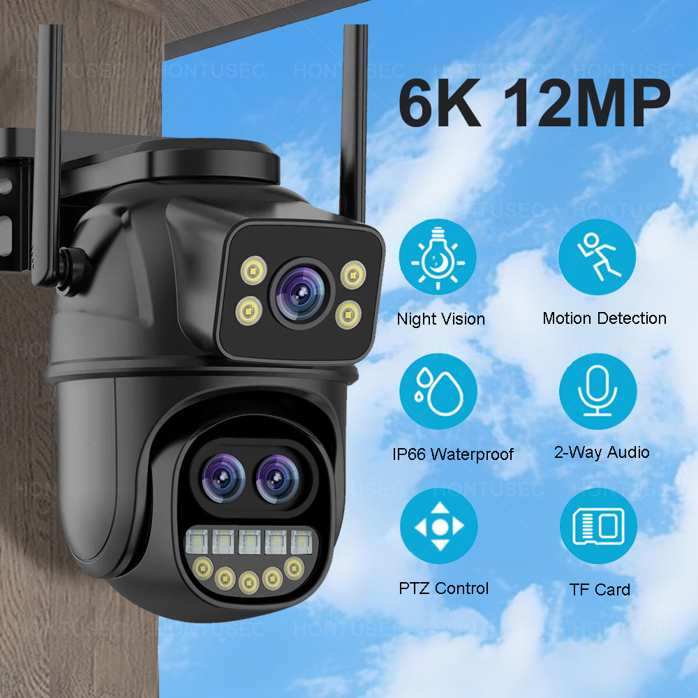 6k 12mp icsee wifi câmera de segurança 3 lente tela dupla 8x zoom ao ar livre à prova dwaterproof água cor visão noturna ip66 câmera vigilância