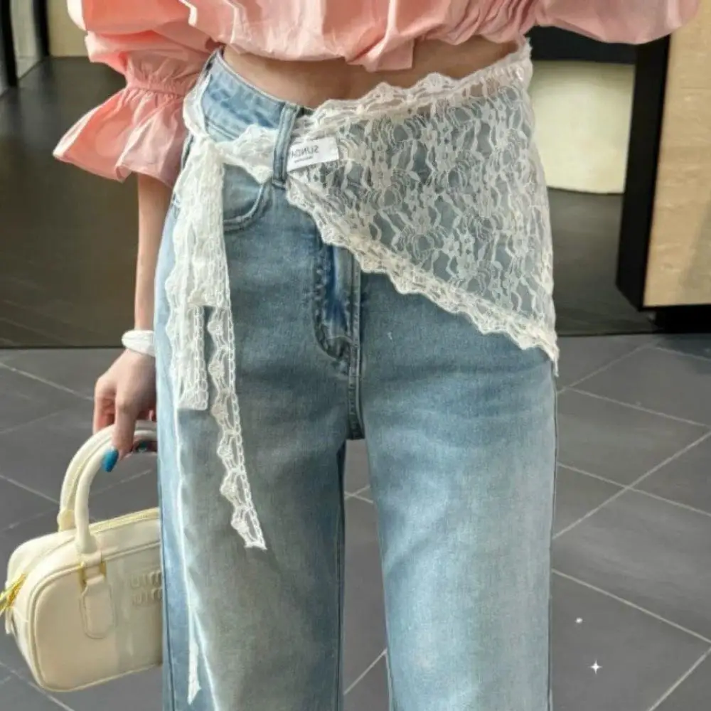 Y2K-falda de media falda de encaje apilada para mujer, falda Bandage de tul con encaje, cortina a tope pequeña, Falda corta, bufanda triangular para el pelo con flores