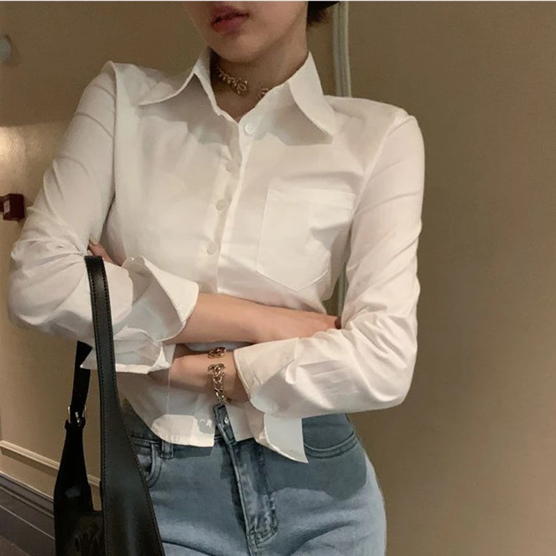 Koreaanse Witte Kantoor Vrouwen Chiffon Shirt Zak Knop Revers Dames Blouse Lente Commuter Lange Mouw Nieuwe Vrouwelijke Crop Tops