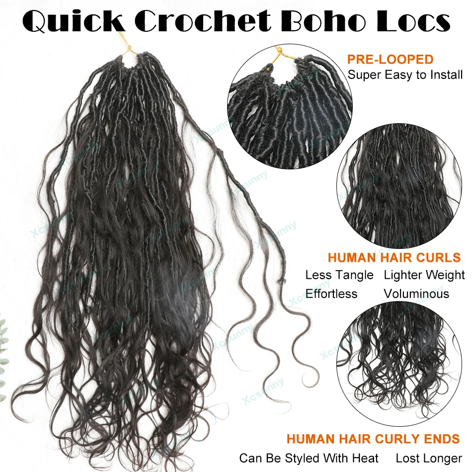 Knotless Pre-Looped Boho Locs com encaracolado termina, Onda do corpo, Cabelo humano Curls, Crochet Locs