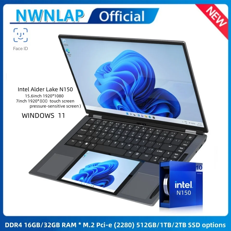 New 15.6inch+7inch Dual-screen Business Touch Screen Laptop with Intel N150 and IPS Touch Pressure-sensitive Stylus 16G 512G