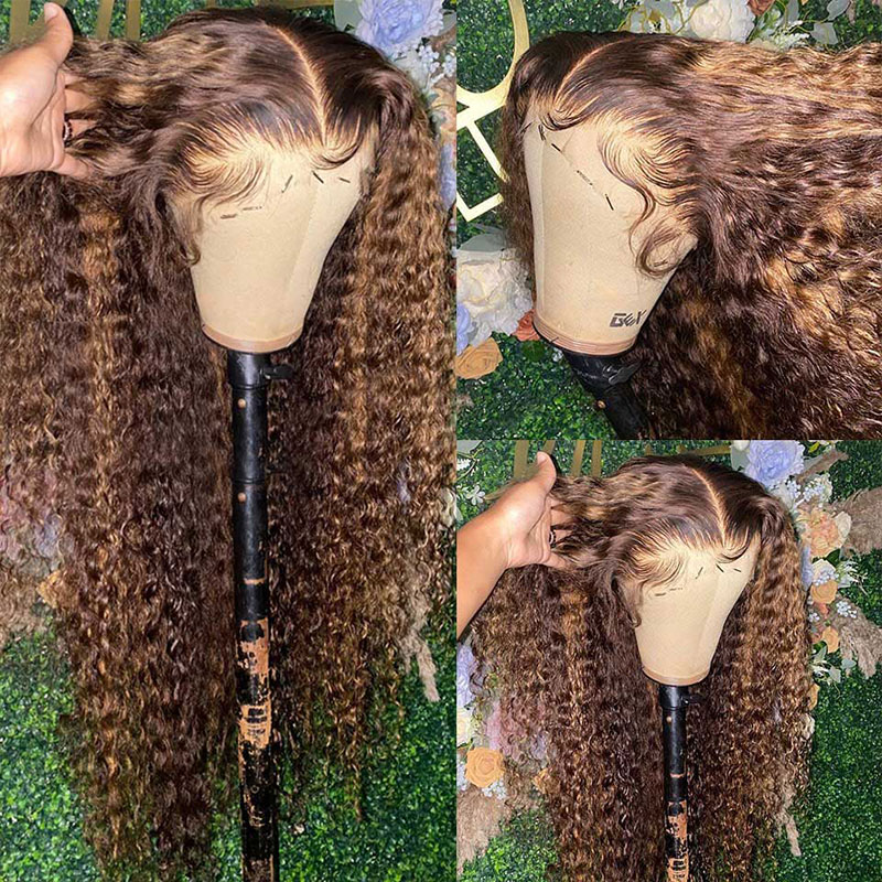 Highlightน้ําผึ้งสีบลอนด์Water Waveลูกไม้ด้านหน้าด้านหน้ามนุษย์Wigs 13X4 โปร่งใสลูกไม้ด้านหน้าวิกผมDeep Curly Ombre 4/27 วิกผมลูกไม้