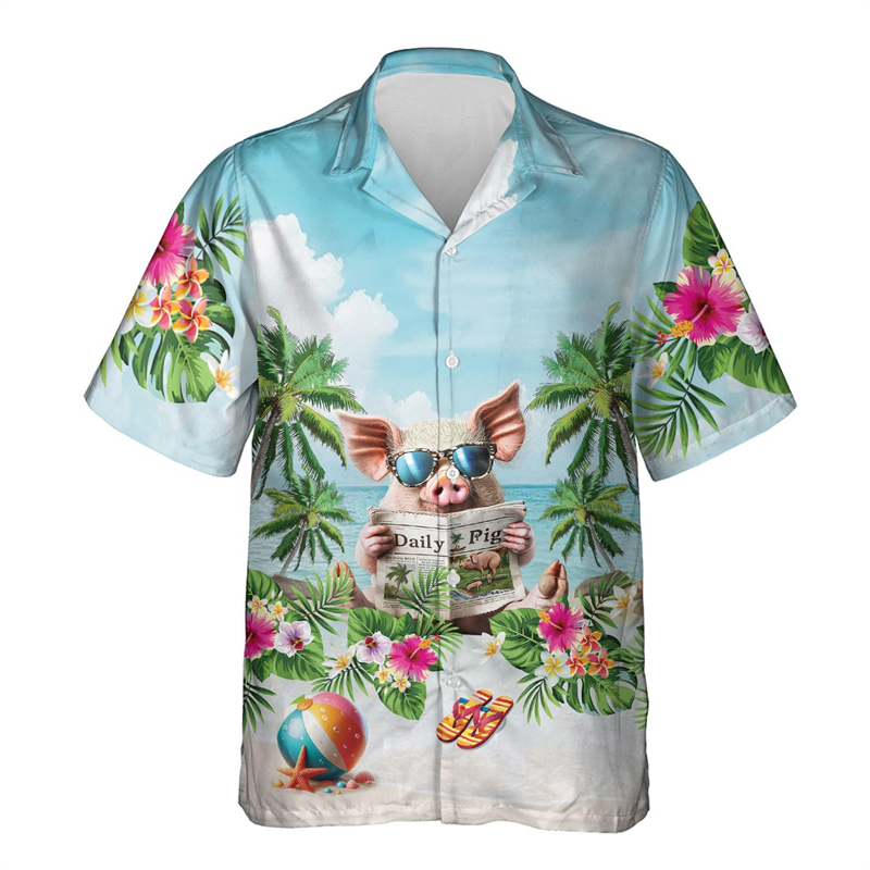男性用3Dプリントビーチシャツ,楽しいアニマルピッグチュニック,キュートなペット,カジュアルハワイアン服,半袖ボーイブラウス,サーフィンウェア
