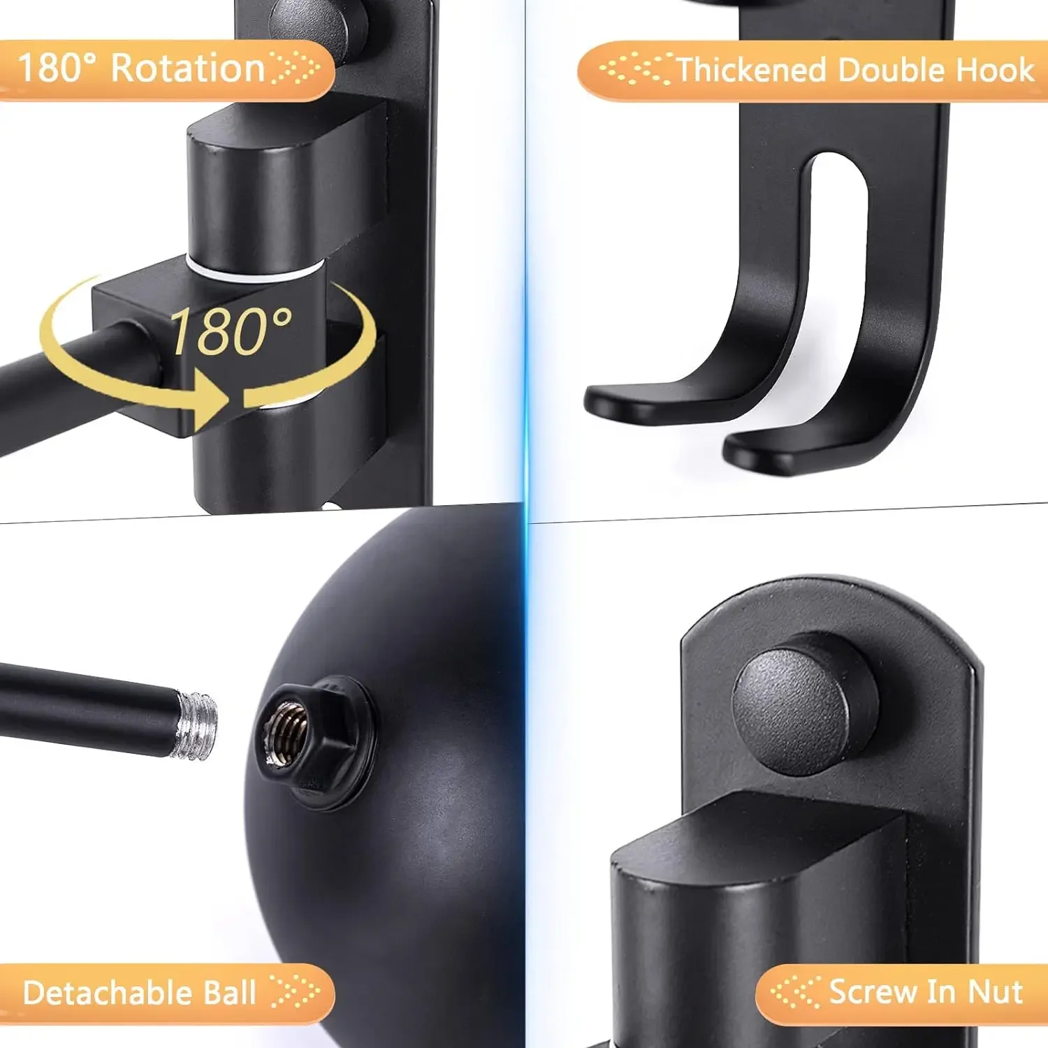 Soporte para casco de motocicleta Soporte de pared 180 ° Estante para casco de bicicleta de fútbol con rotación, soporte de suspensión para exhibición de casco con 2 ganchos para gorras