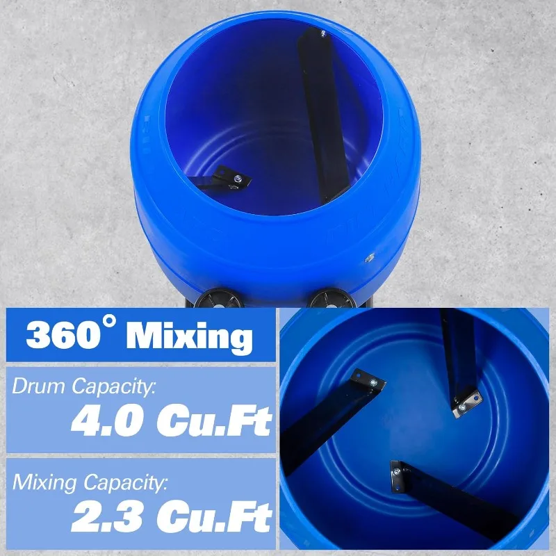 Cement Mixer 4 Cu.Ft. Portable Electric Poly Drum Concrete Mixer, Heavy Duty Power Cement Mixing Machine for Mortar,