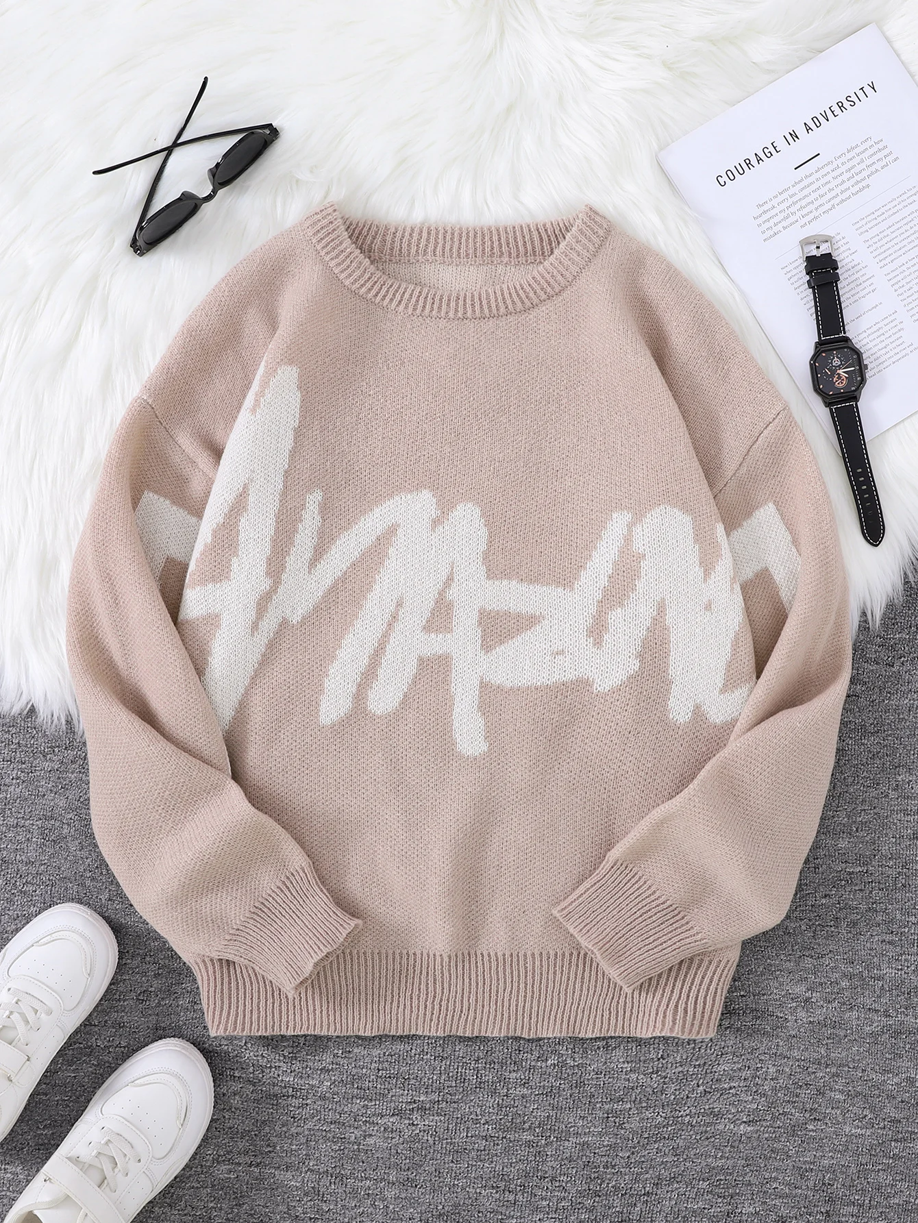 Neue Beliebte Frühling Herbst Graffiti Jacquard Muster Pullover Pullover Casual Rundhals Kontrast Farbe Gestrickte männer Pullover