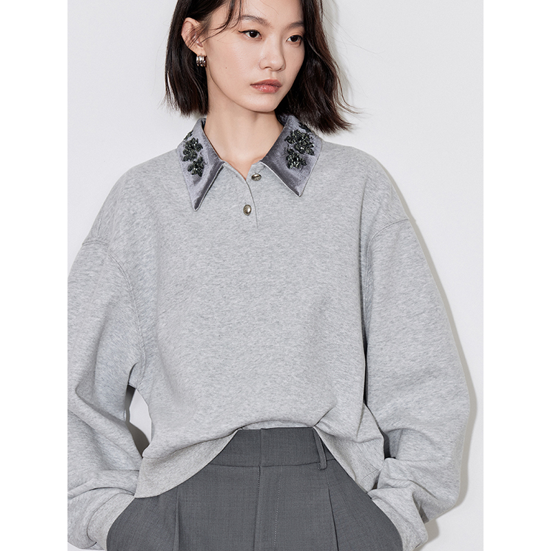 TOYOUTH เสื้อกันหนาวมีฮู้ดผู้หญิง 2024 ฤดูใบไม้ร่วงใหม่ลูกปัดเย็บปักถักร้อยเปิดลงปกเสื้อแขนยาวสีเทา