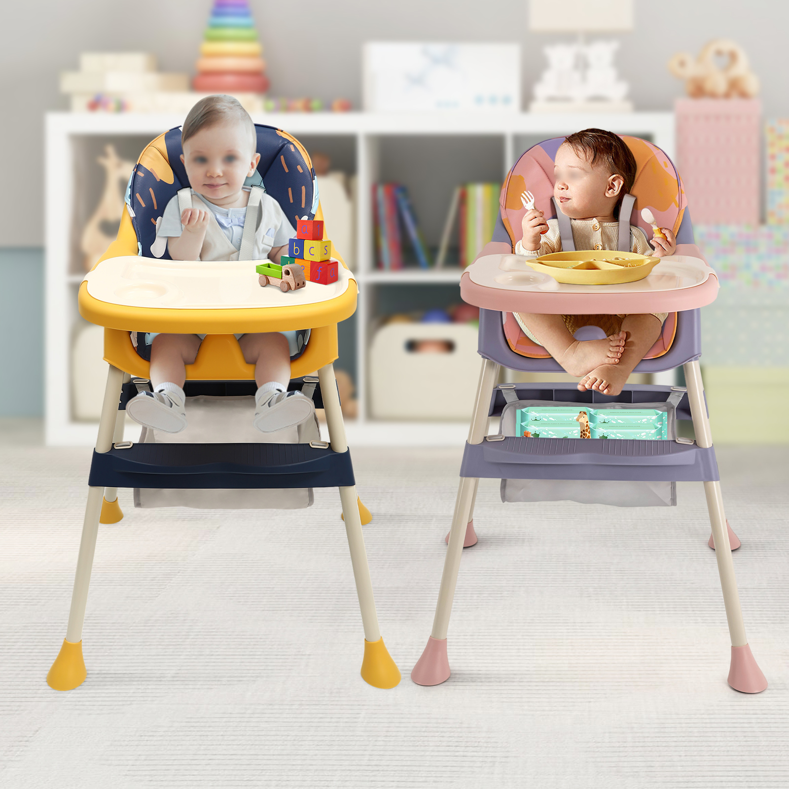 Cadeira alta 4 em 1, cadeira alta dobrável para crianças, assento portátil para bebês, cadeira alta compacta com alça, assento de viagem