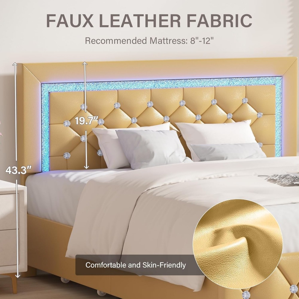 Twin Bed Frame with Storage Drawers & LED Lights, Upholstered Twin Bed with Diamond-Tufted Headboard, Modern Kids Bed for Girls,