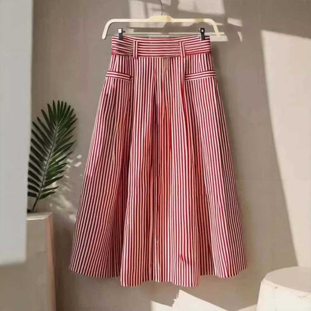 Mia Muse Röcke Frühling Sommer Retro Vintage Französische Streifen Midi Hohe Taille A-Linie Dating Röcke 2025, für Frauen (ohne Gürtel)