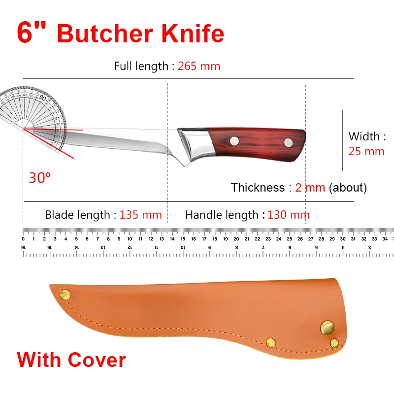Faca de cozinha em aço inoxidável, cutelo de carne, faca de frutas, ABS Handle, carne de porco Sheep Fish Cutting Knives with Cover