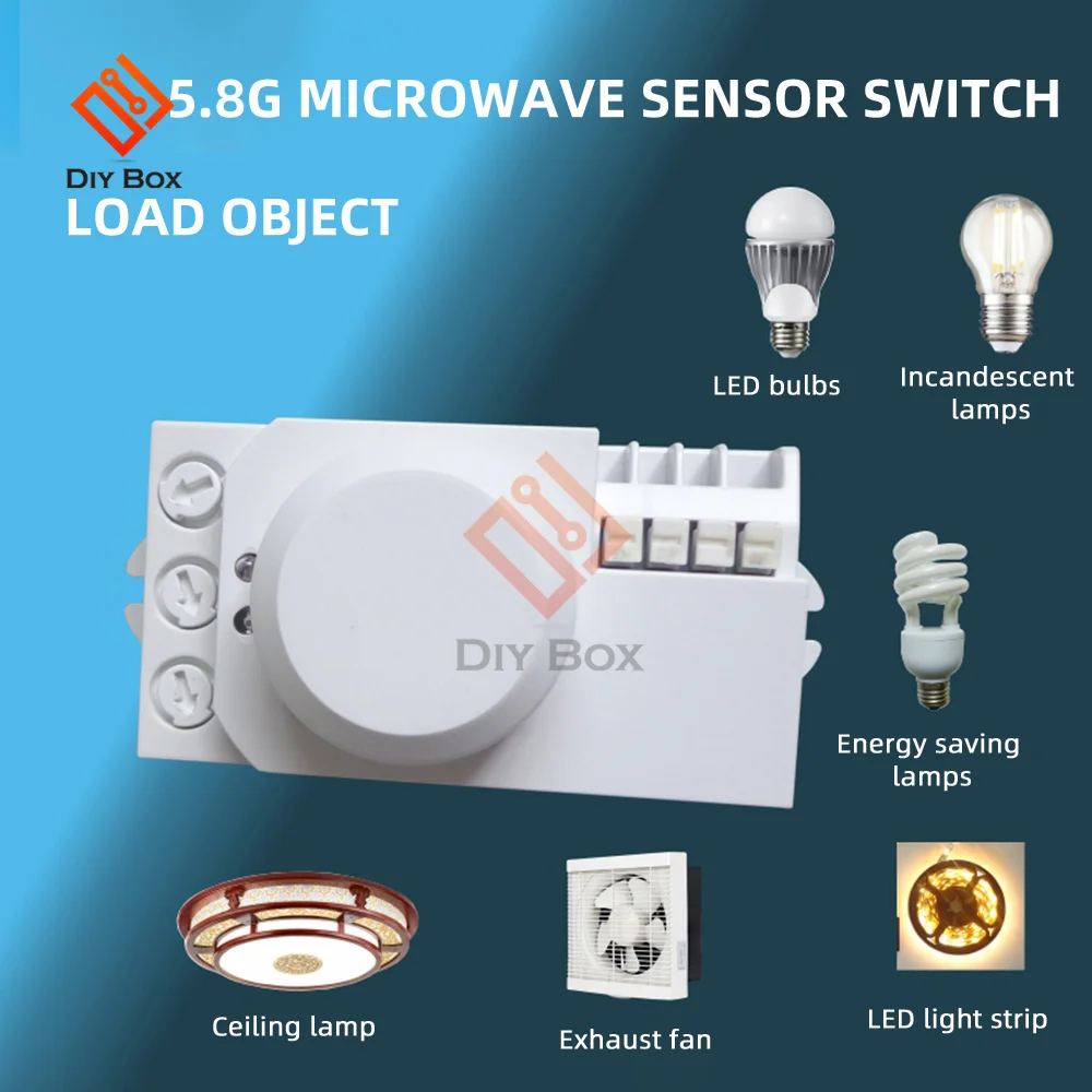 Interruptor de Sensor de Radar de microondas de 5,8 GHz, interruptor DIP/interruptor de perilla para ajustar el Sensor de movimiento PIR AC85-250V