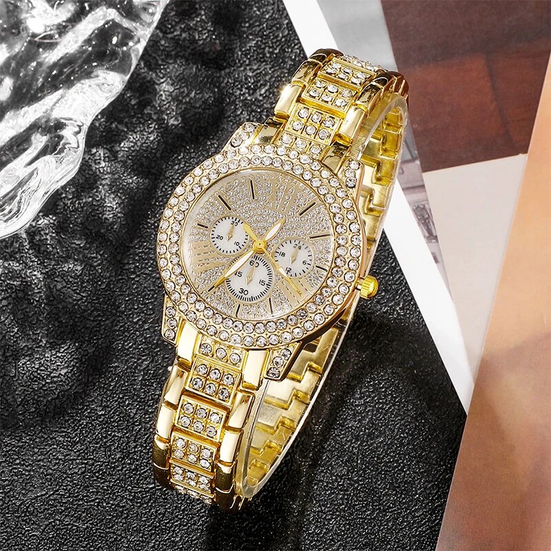 Montre à Quartz Dorée de Luxe pour Femme, Ensemble de Bijoux, Bague, Collier, Boucles d'Oreilles, Strass, Mode Décontractée