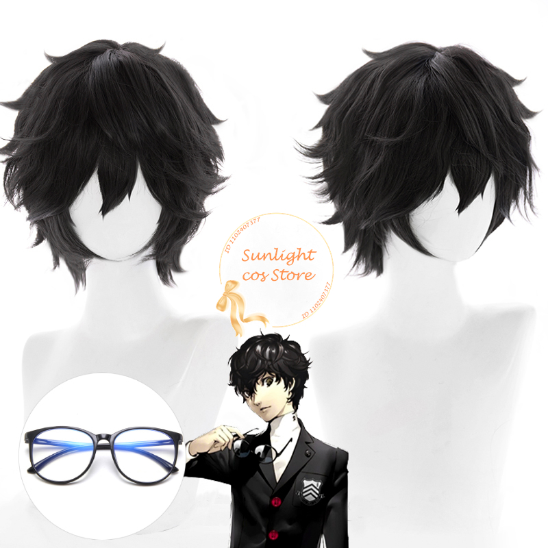 Juego P5 Amamiya Ren pelucas de Cosplay negro corto Kurusu Akira peluca de Cosplay pelo sintético resistente al calor pelucas de Anime Unisex + gorro de peluca