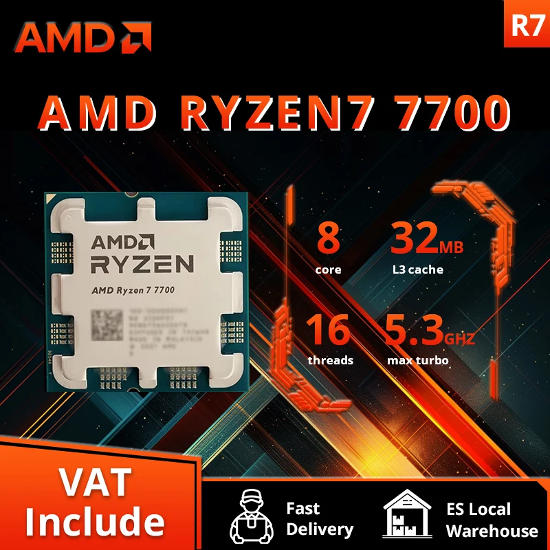 Processador de cpu Amd ryzen 7 7700, 4.5 ghz, 8 núcleos, 16 fios, 5nm, l3 = 32m, soquete am5, sem refrigerador