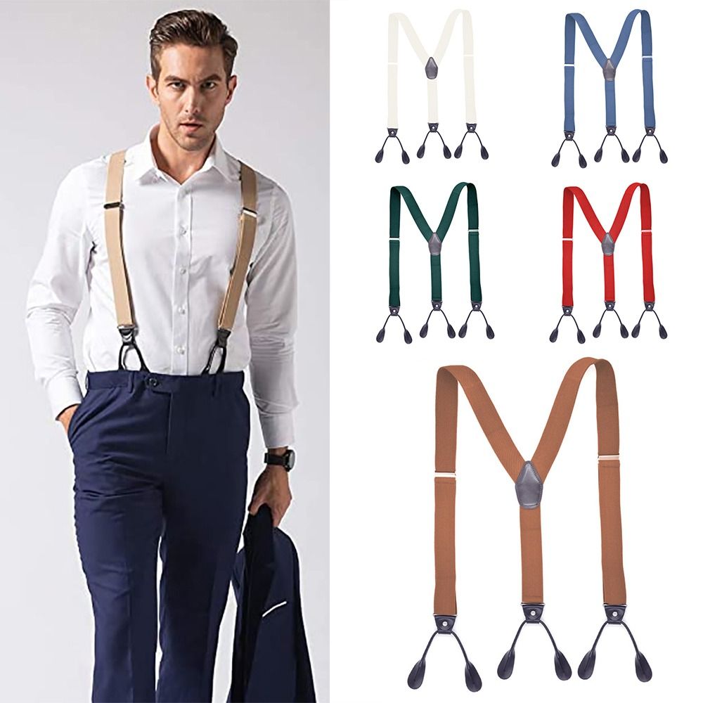 Men Women Adult Vintage Suspenders Leather Trimmed Button End Y Back Adjustable Elastic Trouser Braces Straps Belt