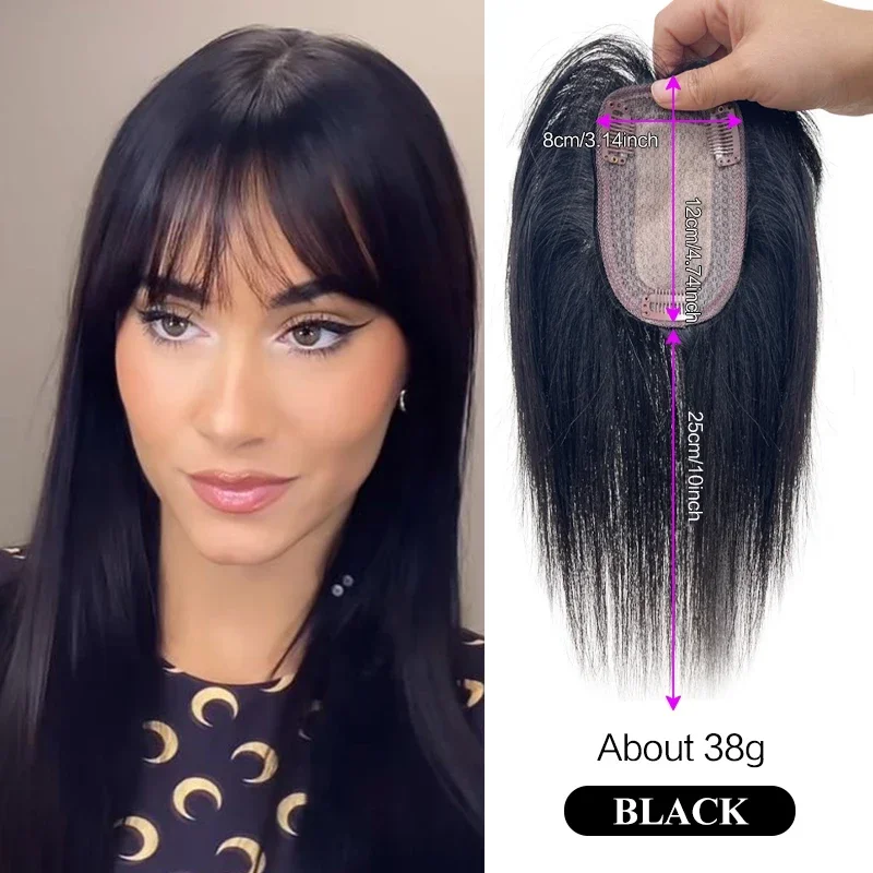 25 cm 100 % Echthaar, 8 x 12 cm, Haarnetz zum Anklipsen in einem Stück, Haarverlängerungen, Oberteil, Perückenstück für Frauen mit dünner werdendem Haar-Accessoire