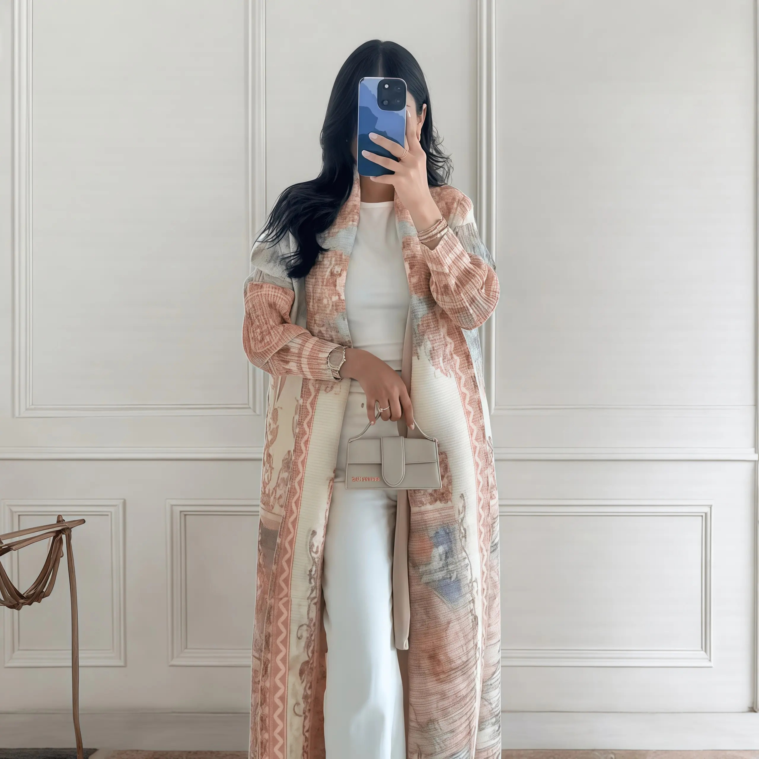 Jesienny długi płaszcz damski, nadruk retro, z długim rękawem, muzułmańska abaja, moda Saudyjska, pomarszczony pas biodrowy