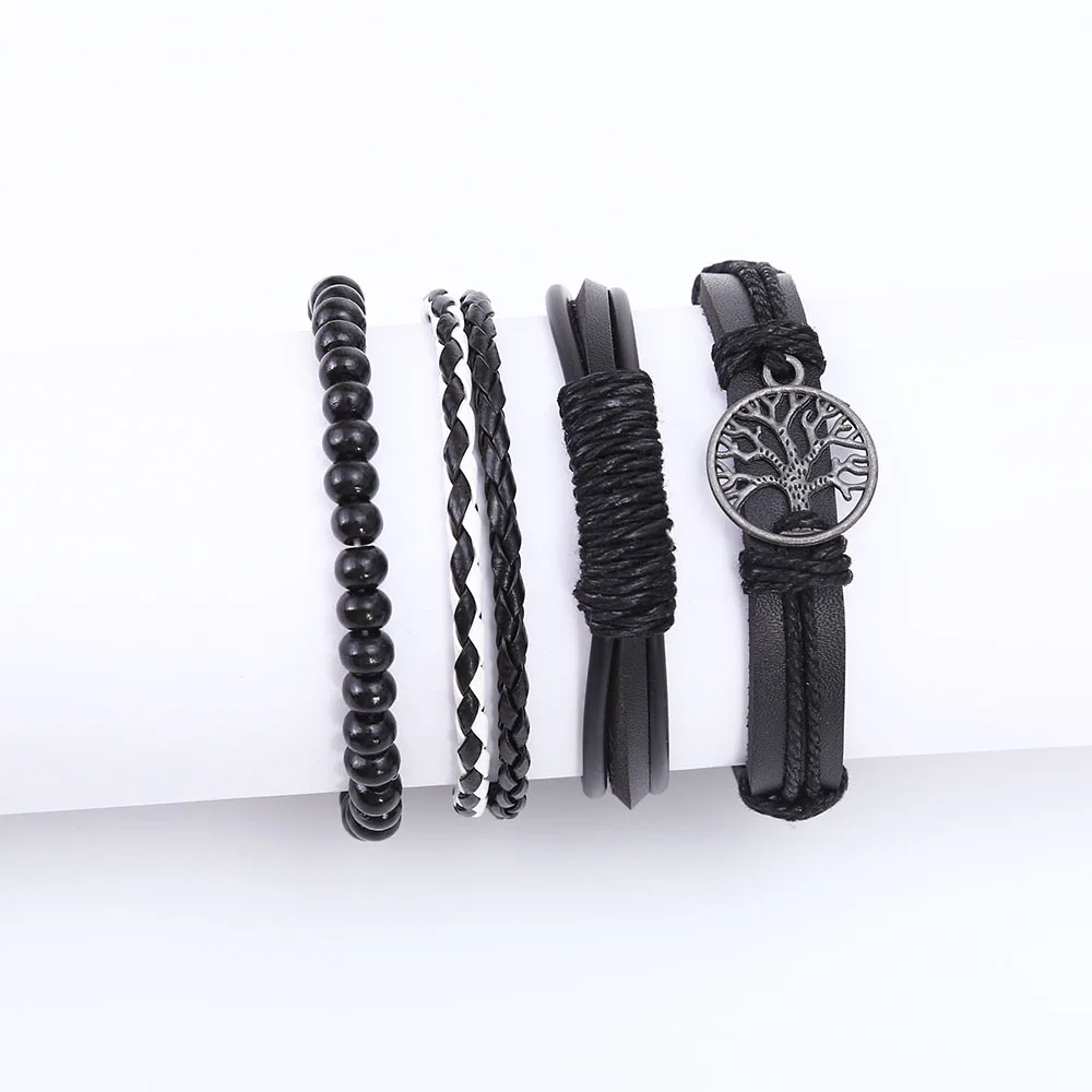 3-4 Stuks Vintage Lederen Armband Set Voor Mannen Levensboom Charme Zwart Geweven Touw Kralen Ketting Wrap Armband Vrouwen Handgemaakte Sieraden