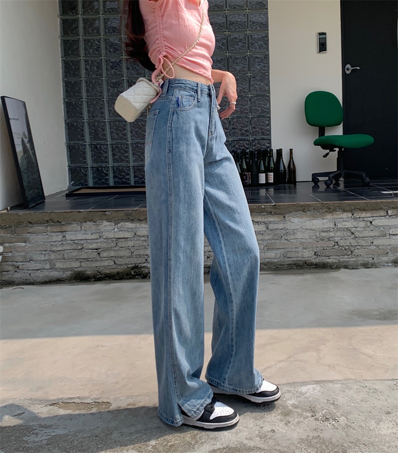 ルーズハイウエストワイドレッグデザインセンセーション夏 2023 女性のストレートジーンズスリット床長パンツカジュアルハイウエストジーンズ